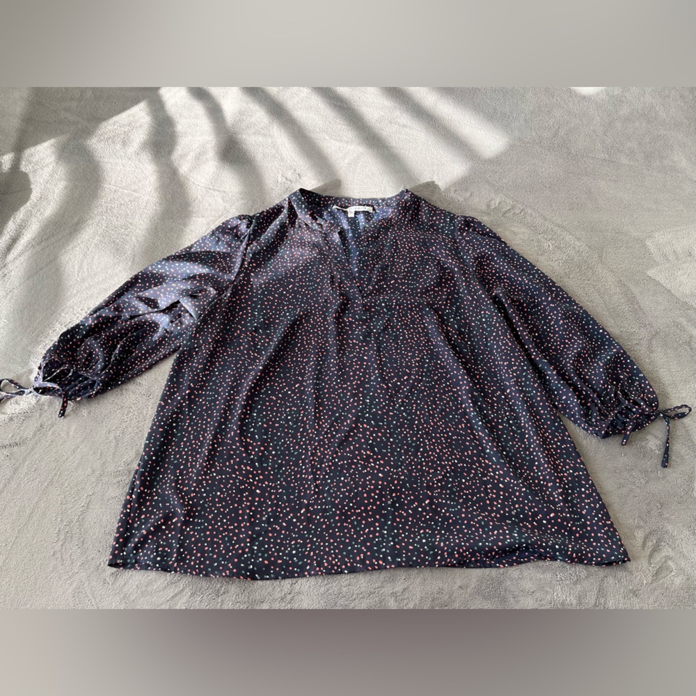 Blue/purple polka dot blouse - v cut neck and 3/4 cuffed sleeves